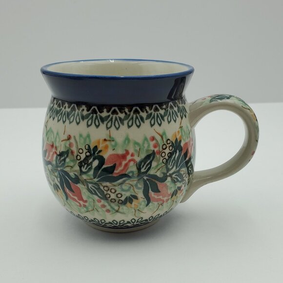 Polish Pottery Rose Bud Roundup Bubble Mug Red Yellow Flowers Blue Green Leaves - Picture 6 of 10